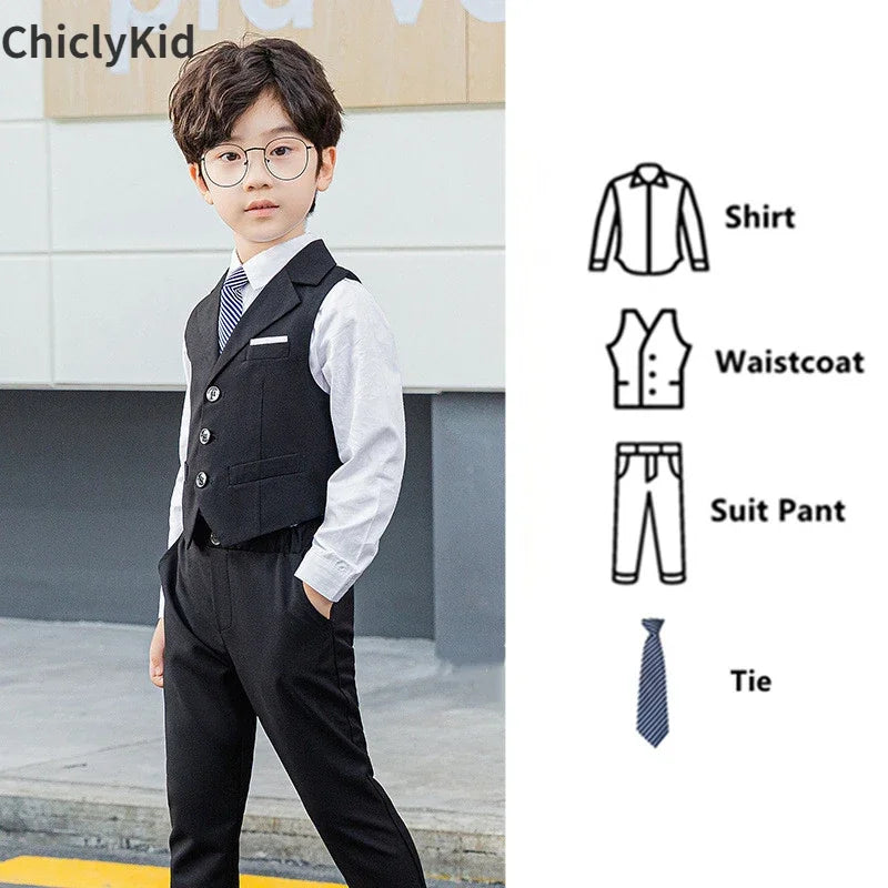 Boy Plaid Vest Blazer Kids Waistcoat Wedding Clothes Set Toddler Formal Dress Suit Child Brooch Shirt Pant Baby Gentlemen Outfit