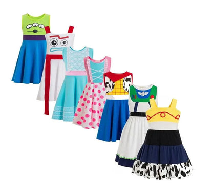 Set of colorful girls' dresses inspired by Jessie, Bo Peep, Buzz Lightyear, Alien, and Forky costumes for children