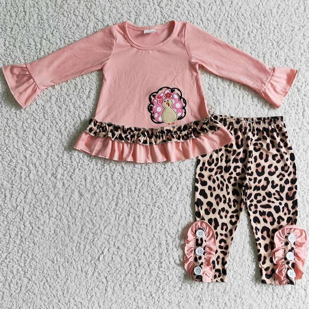 Toddler baby girls autumn outfit with pink turkey print top and leopard print ruffle pants set