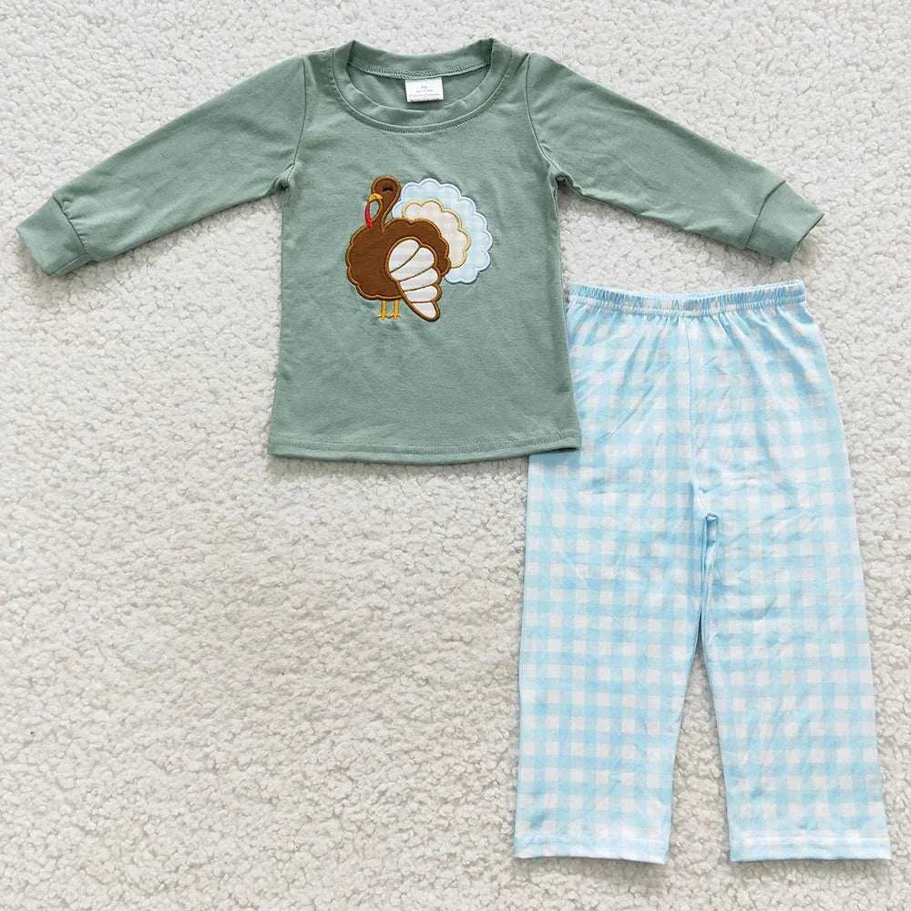 Toddler girls autumn outfit with long-sleeve turkey print top and blue checkered pants set