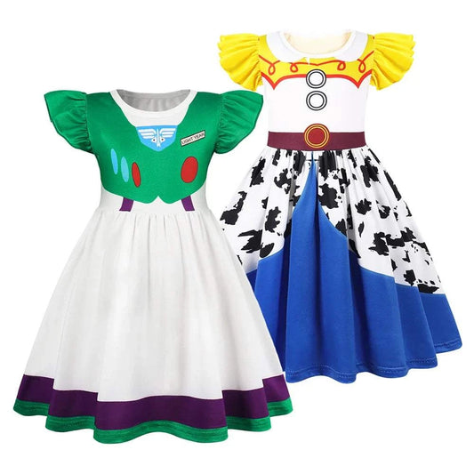 Girls Toy Story Buzz Lightyear and Jessie themed knee-length costume dresses for Halloween and parties