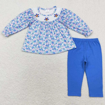 Cute baby girls fall outfit with turkey print top and blue leggings set