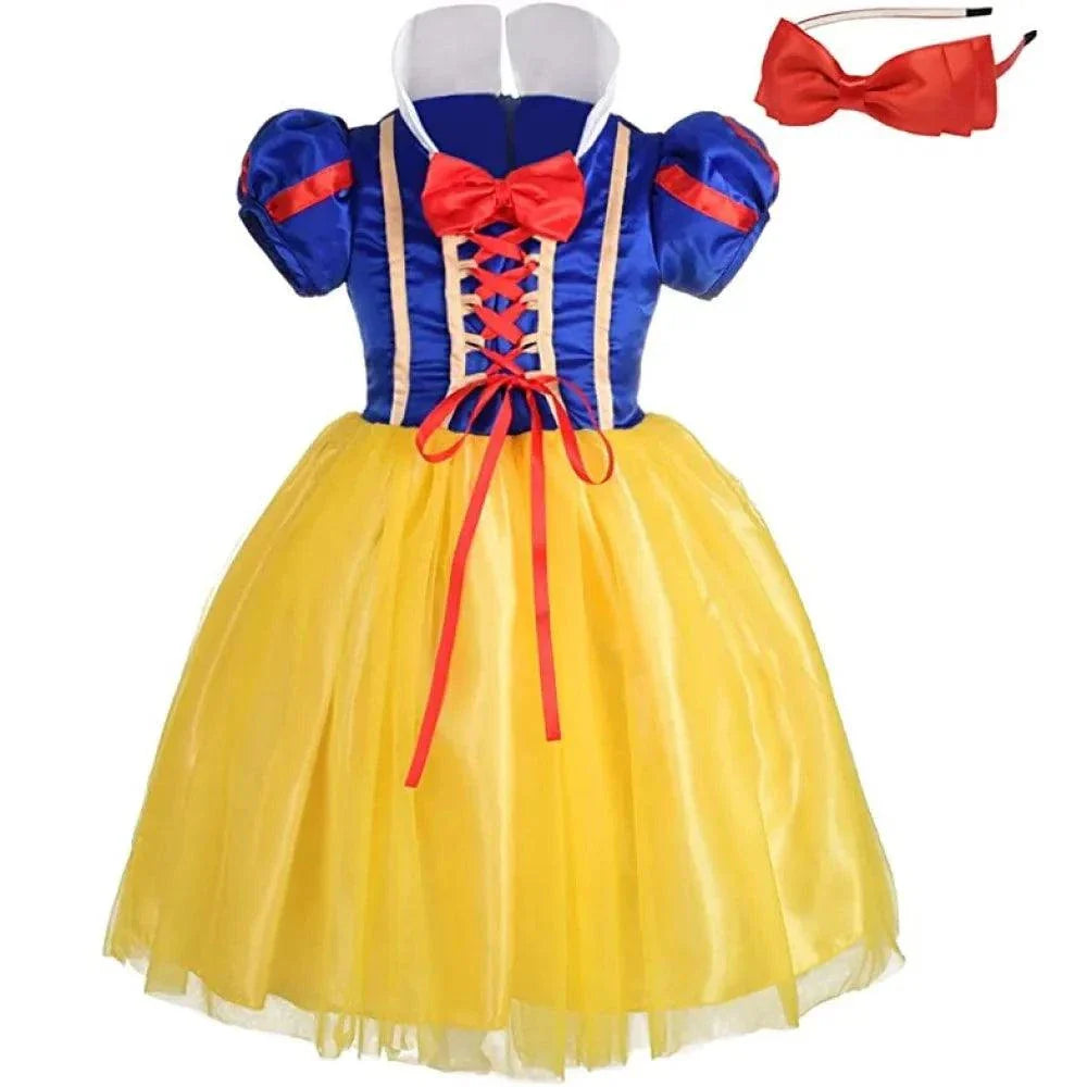 Disney Snow White kids princess dress with blue bodice, red bow, yellow skirt, and matching red headband for girls cosplay and parties