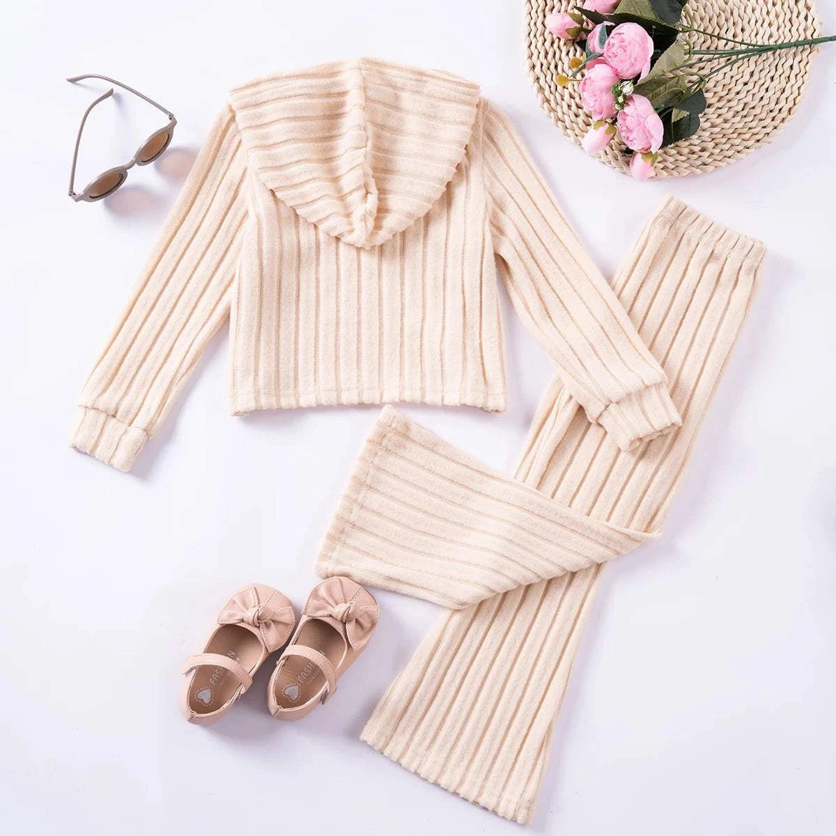 Toddler Spring/Autumn Girls Suit Hooded Top and Pants Two-piece Set Solid Color Casual Daily Girls Clothing Elastic Comfortable
