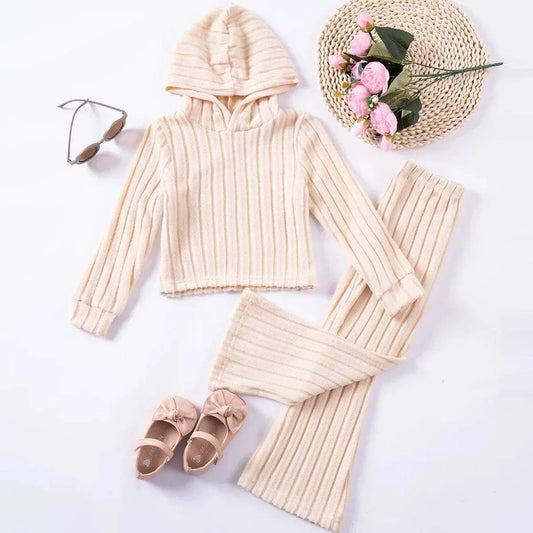 Toddler girls spring autumn beige ribbed hooded top and pants casual two-piece suit with shoes and accessories