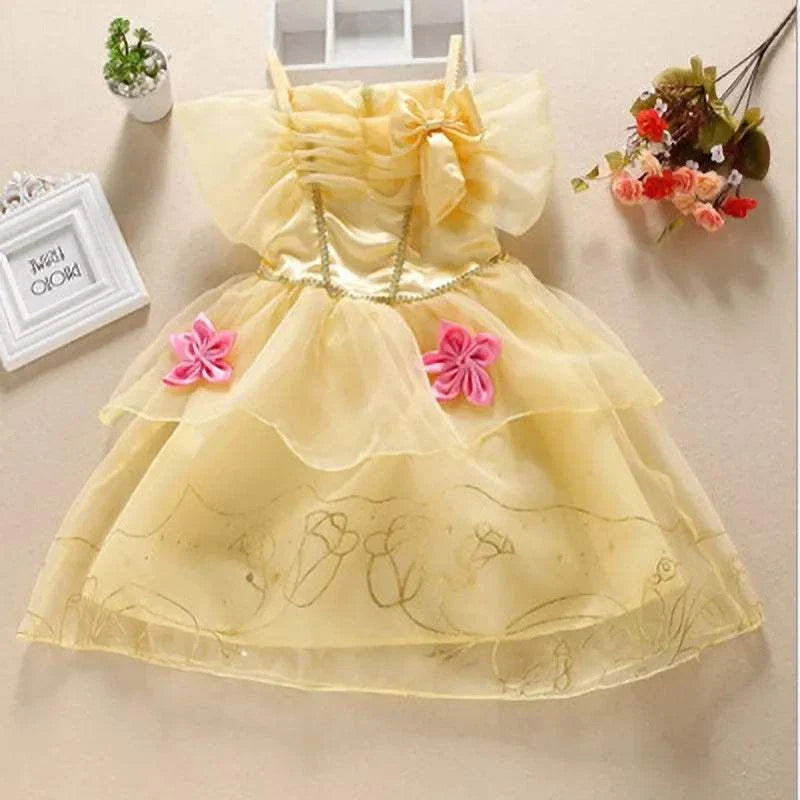 Yellow girls princess dress with pink flower decorations and bow detail, ankle-length, A-line style suitable for birthdays or Halloween costumes.