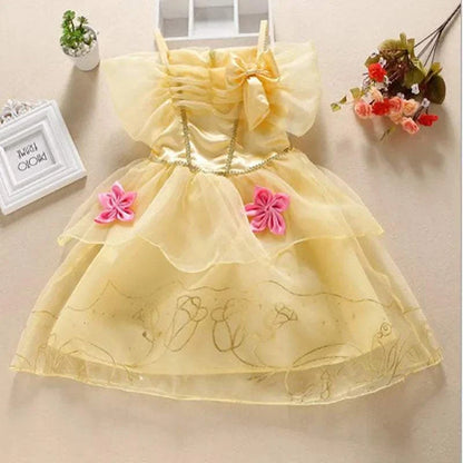 Yellow girls princess dress with pink flower decorations and bow detail, ankle-length, A-line style suitable for birthdays or Halloween costumes.