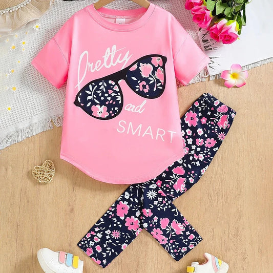 Pink short sleeve girls t-shirt with floral sunglasses print and navy floral long pants summer clothing set for kids