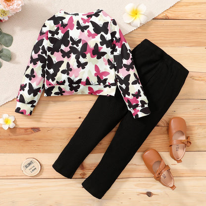 1-6 Years Children Girl Clothes Set Cute Butterfly Long Sleeve Top + Black Pant Fashion Spring & Autumn 2PCS Outfit Kids Clothes