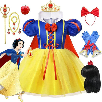Disney Snow White princess dress costume for girls with blue and yellow ball gown, red cape, red bow headband, gloves, crown, wand, apple, necklace, and black wig cosplay set