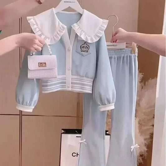 Blue two-piece kids spring tracksuit with doll collar, floral polyester fabric, and matching pants for girls aged 7-12 years