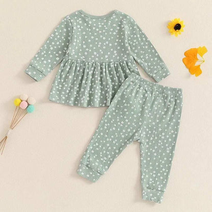 Kids Spring Autumn Clothes Girl Ribbed Floral Print Long Sleeve O-neck Tops+Pants Set Children's Clothing