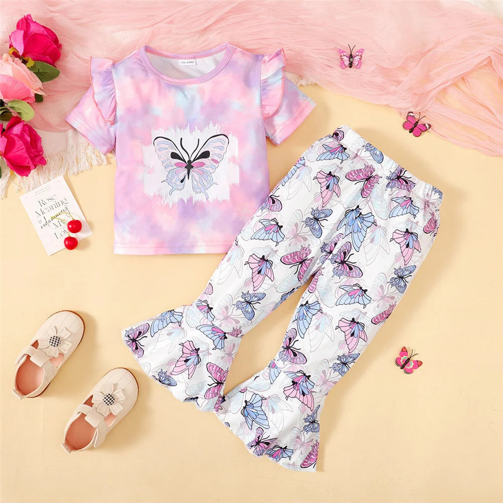 1-6 Years Kids Girl Daily Clothes Set Tie Dyed Short Sleeve Top+Butterflies Pants Summer Children Girl Fashion 2PCS Outfits