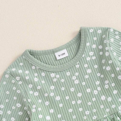 Kids Spring Autumn Clothes Girl Ribbed Floral Print Long Sleeve O-neck Tops+Pants Set Children's Clothing