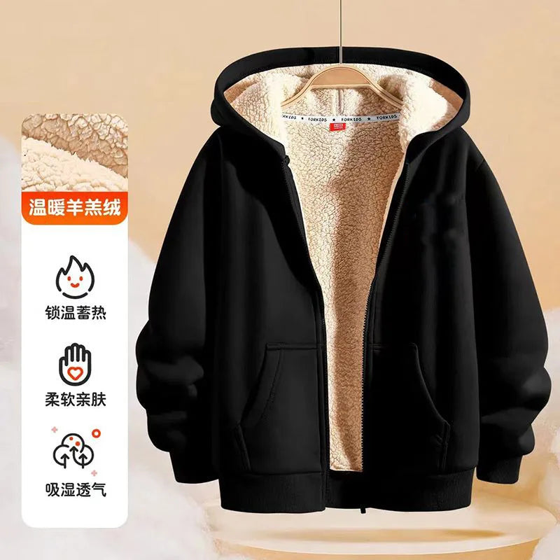 Kids black padded lambwool hoodie jacket with warm thickened lining for winter and autumn casual wear