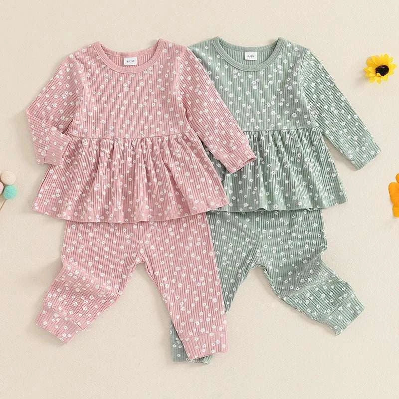 Two kids spring autumn ribbed floral print long sleeve tops and pants sets in pink and green colors for girls