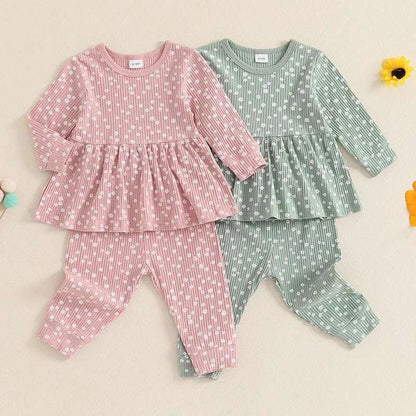 Two kids spring autumn ribbed floral print long sleeve tops and pants sets in pink and green colors for girls