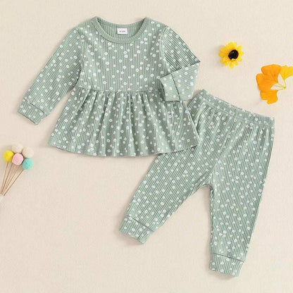 Kids Spring Autumn Clothes Girl Ribbed Floral Print Long Sleeve O-neck Tops+Pants Set Children's Clothing