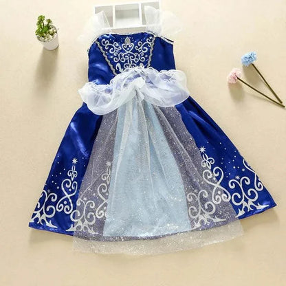 Blue and white girls princess dress with embroidered bodice and tulle overlay for kids costume party