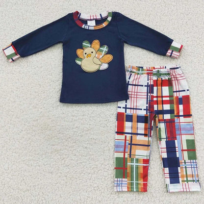 Toddler baby girls fall outfit with navy turkey print top and colorful plaid pants set