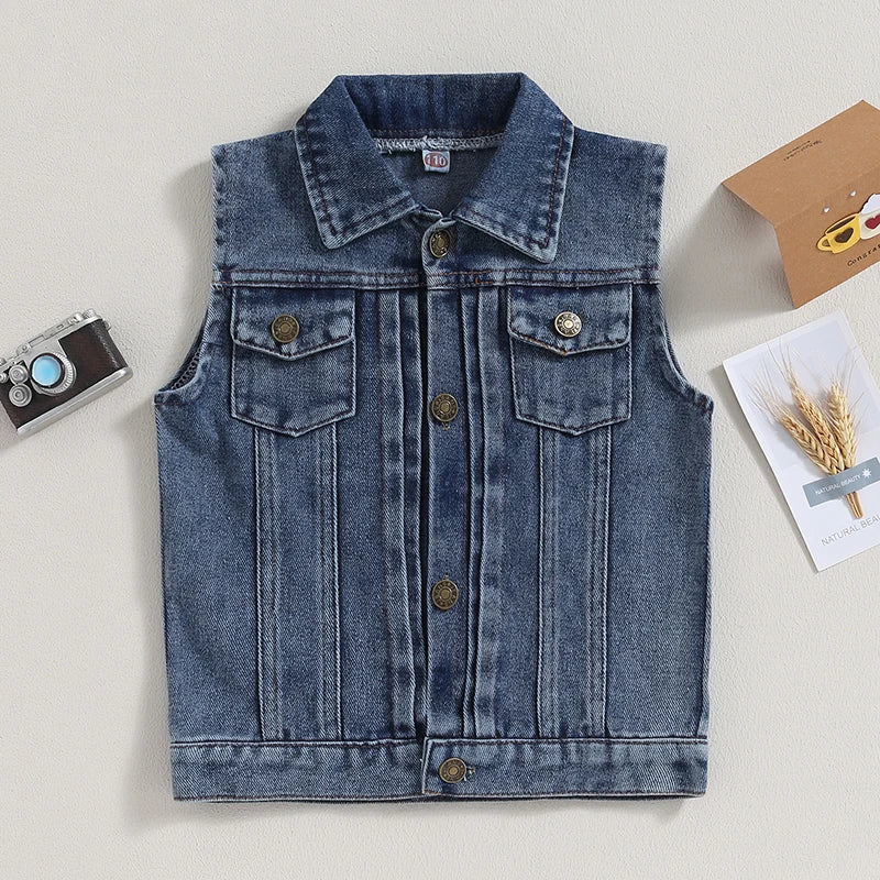 2-7years Kids Vest Jacket Turn-Down Collar Button Closure Denim Vest Casual Sleeveless Denim Waistcoats For Girls And Boys