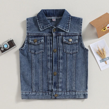 2-7years Kids Vest Jacket Turn-Down Collar Button Closure Denim Vest Casual Sleeveless Denim Waistcoats For Girls And Boys
