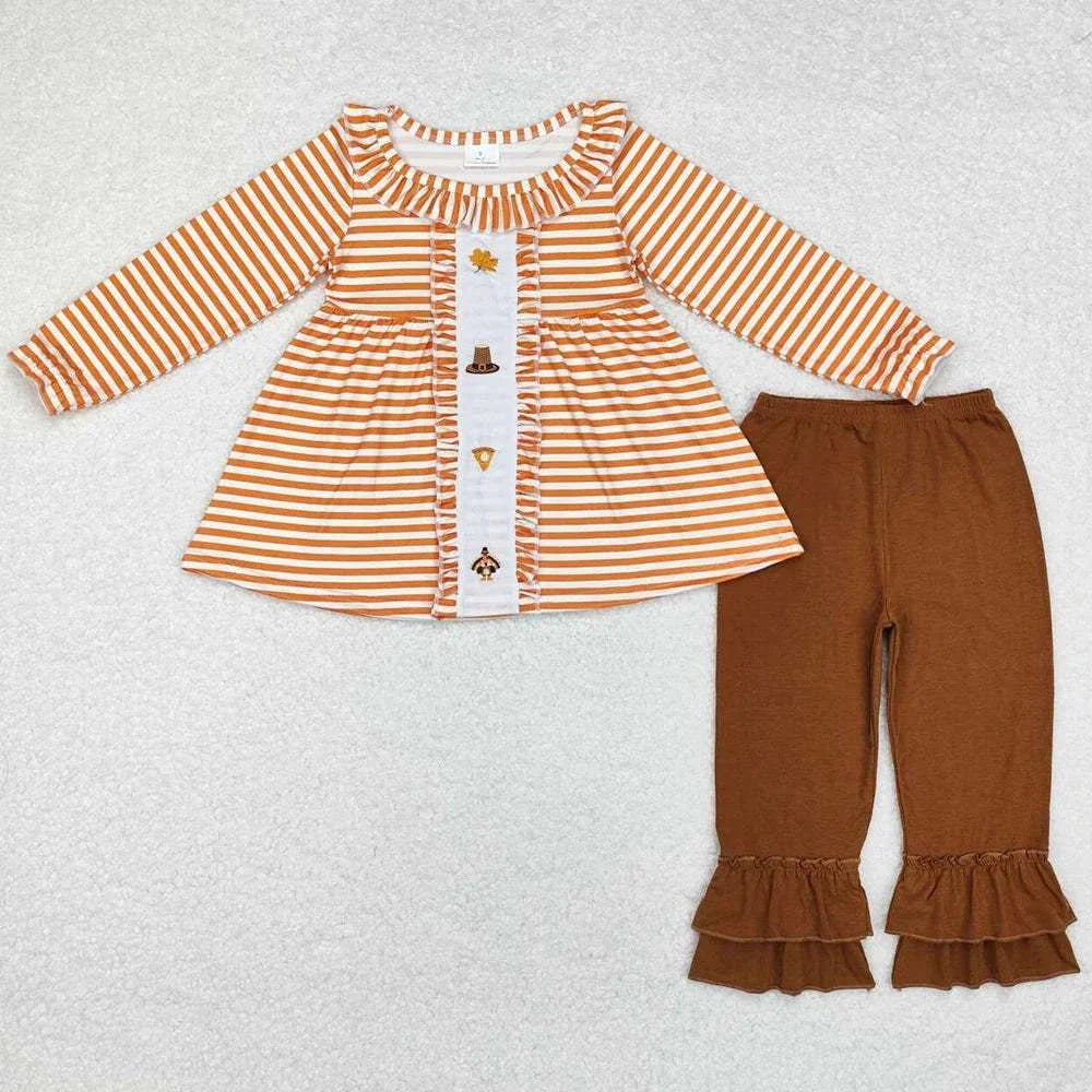 Toddler girls autumn outfit with striped turkey print top and brown ruffle pants set