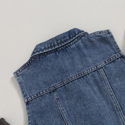 2-7years Kids Vest Jacket Turn-Down Collar Button Closure Denim Vest Casual Sleeveless Denim Waistcoats For Girls And Boys