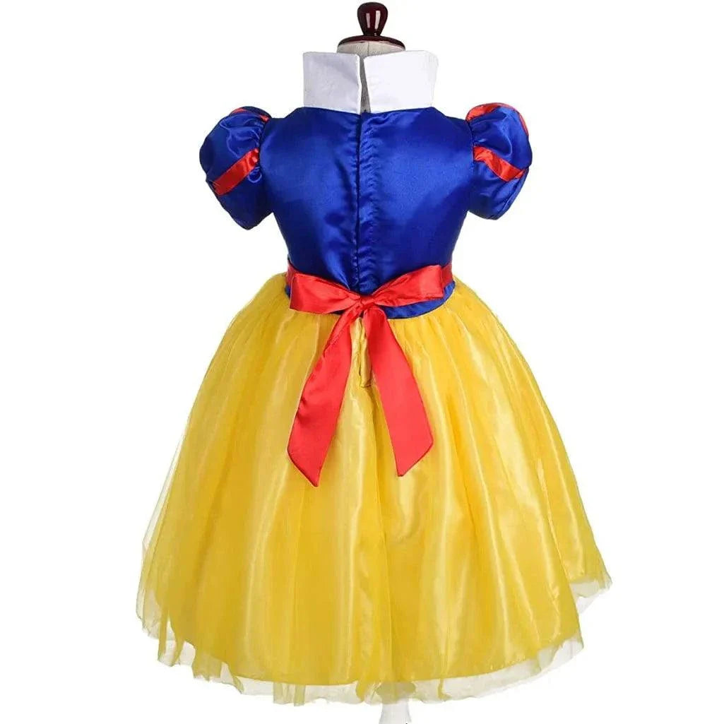 Disney Snow White kids girl costume dress with blue satin bodice, red bow, puff sleeves, and yellow tulle ball gown skirt