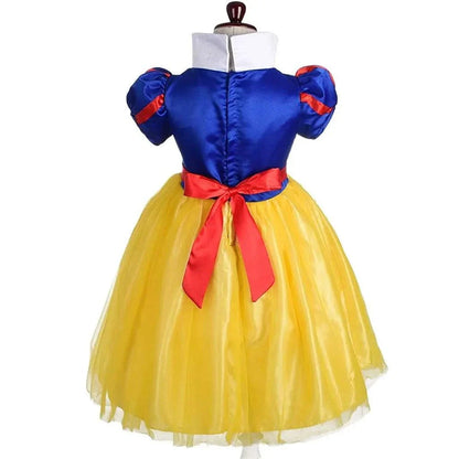 Disney Snow White kids girl costume dress with blue satin bodice, red bow, puff sleeves, and yellow tulle ball gown skirt
