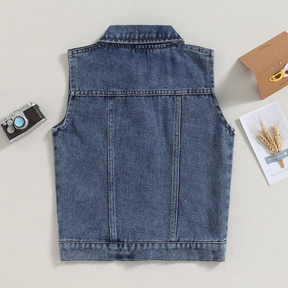 2-7years Kids Vest Jacket Turn-Down Collar Button Closure Denim Vest Casual Sleeveless Denim Waistcoats For Girls And Boys