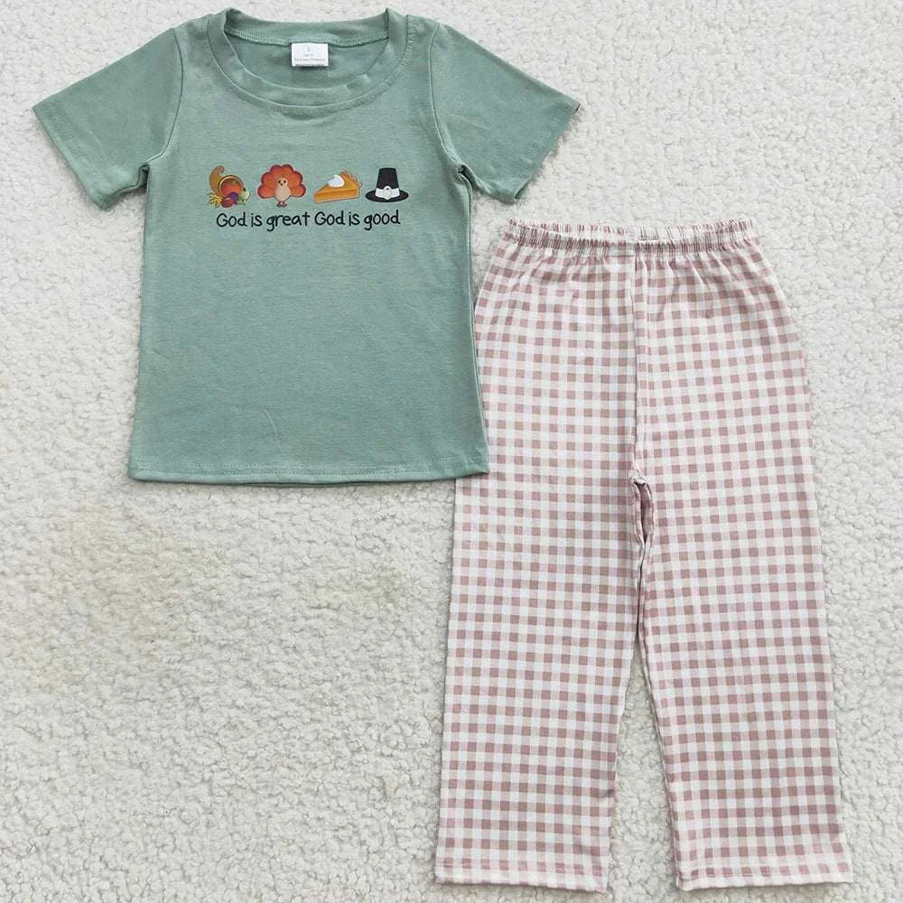 Baby girls casual autumn outfit set with green turkey print top and pink checkered pants