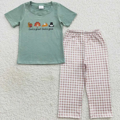 Baby girls casual autumn outfit set with green turkey print top and pink checkered pants