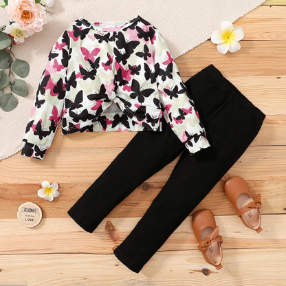 1-6 Years Children Girl Clothes Set Cute Butterfly Long Sleeve Top + Black Pant Fashion Spring & Autumn 2PCS Outfit Kids Clothes