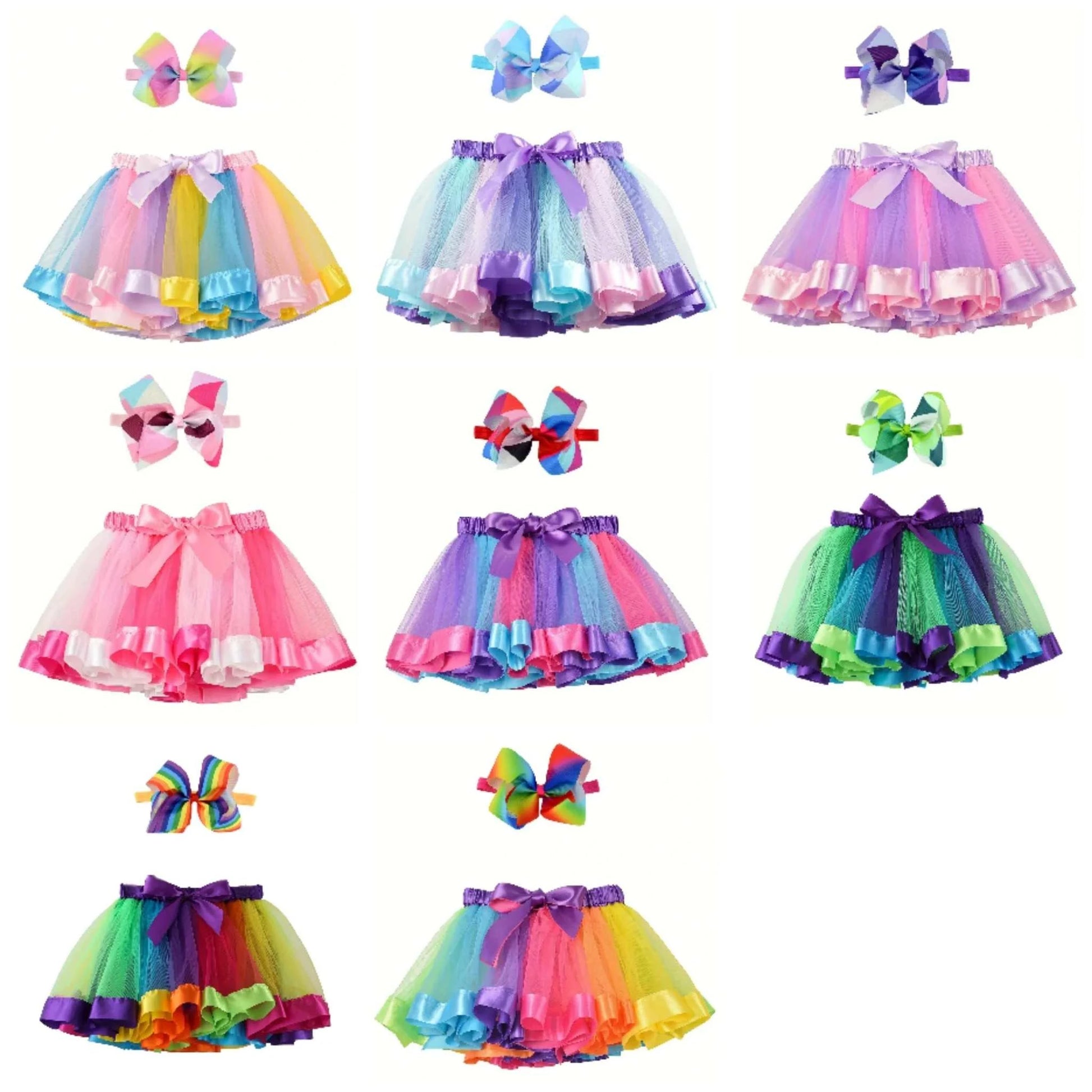 Colorful rainbow tutu mini skirts for girls with matching hairpin bows party outfit