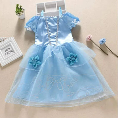 Blue girls princess dress with short sleeves, floral decorations, and layered tulle skirt, perfect for costume or birthday party.
