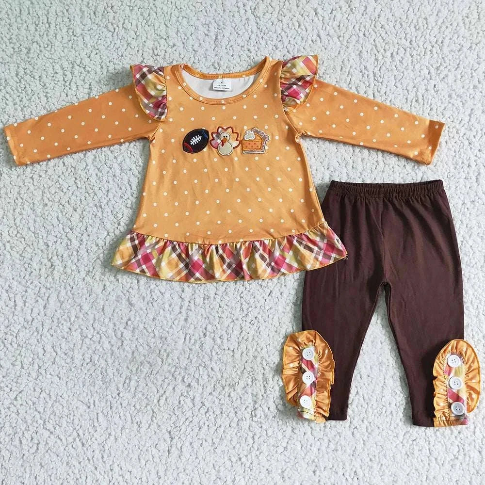 Autumn baby girls clothing set with turkey print top and brown leggings with ruffle details