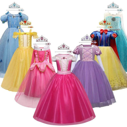 Colorful girls princess dresses set with tiaras, including blue, yellow, pink, purple, and Snow White style costumes for kids birthday, Halloween, and cosplay parties.