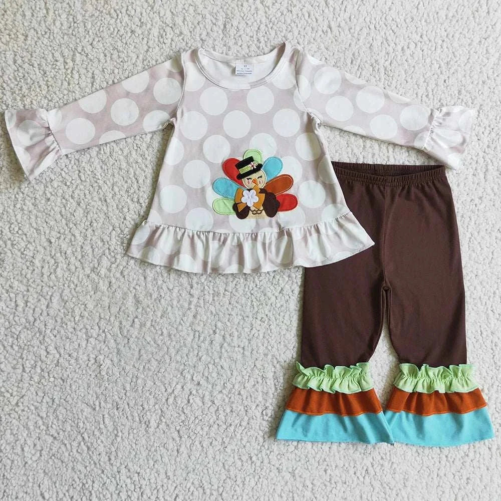 Toddler baby girls autumn outfit with turkey print top and ruffled colorful pants set