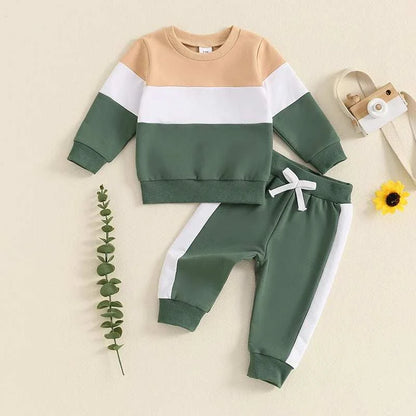 Toddler Baby Boy Girl Clothes Set Color Block Long Sleeve Crewneck Sweatshirts and Drawstring Pants 2Pcs Fall Winter Outfits Set