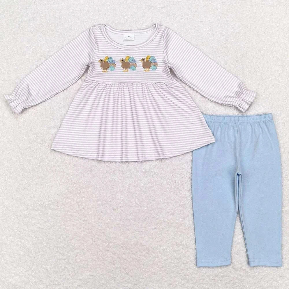 Baby girls fall outfit with turkey print long sleeve top and blue leggings set