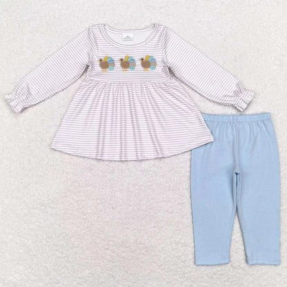 Baby girls fall outfit with turkey print long sleeve top and blue leggings set