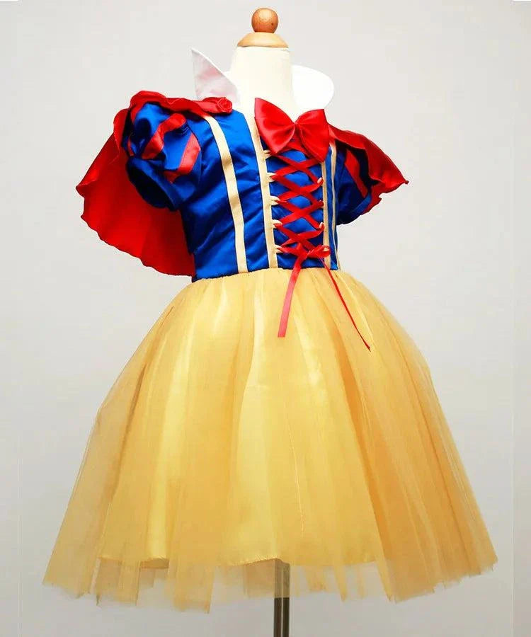Disney Snow White princess dress for girls with blue and yellow satin ball gown, red puff sleeves, cape, and bow headwear cosplay costume for kids.