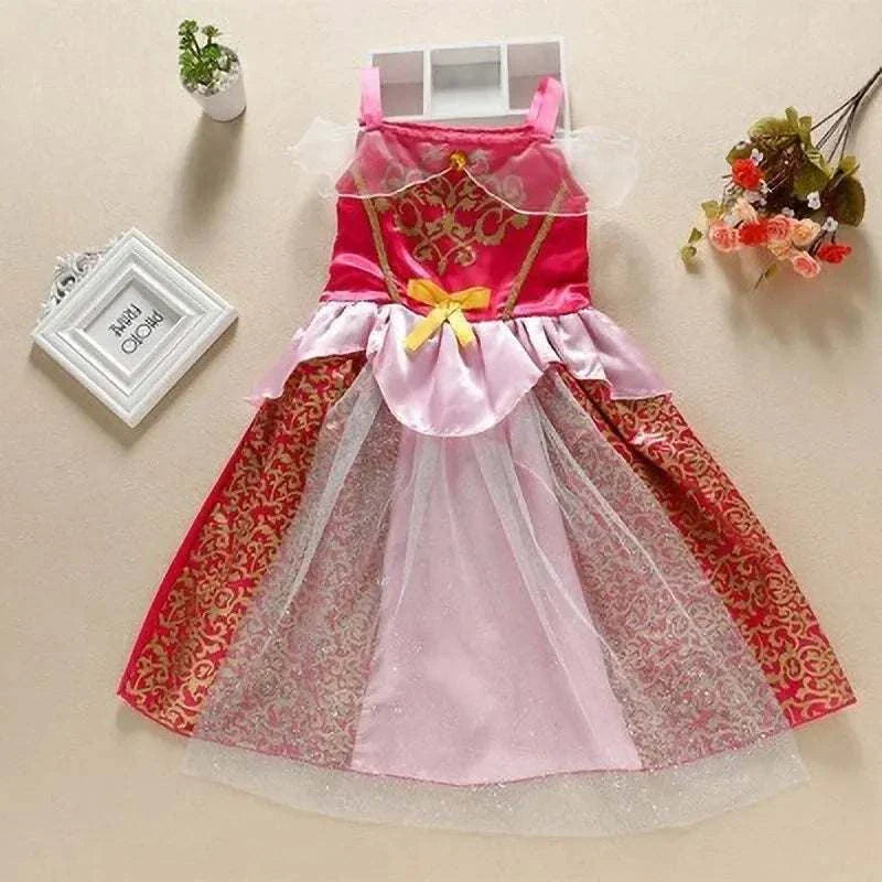Girls princess dress kids pink and gold A-line costume with tulle overlay for birthday or Halloween party