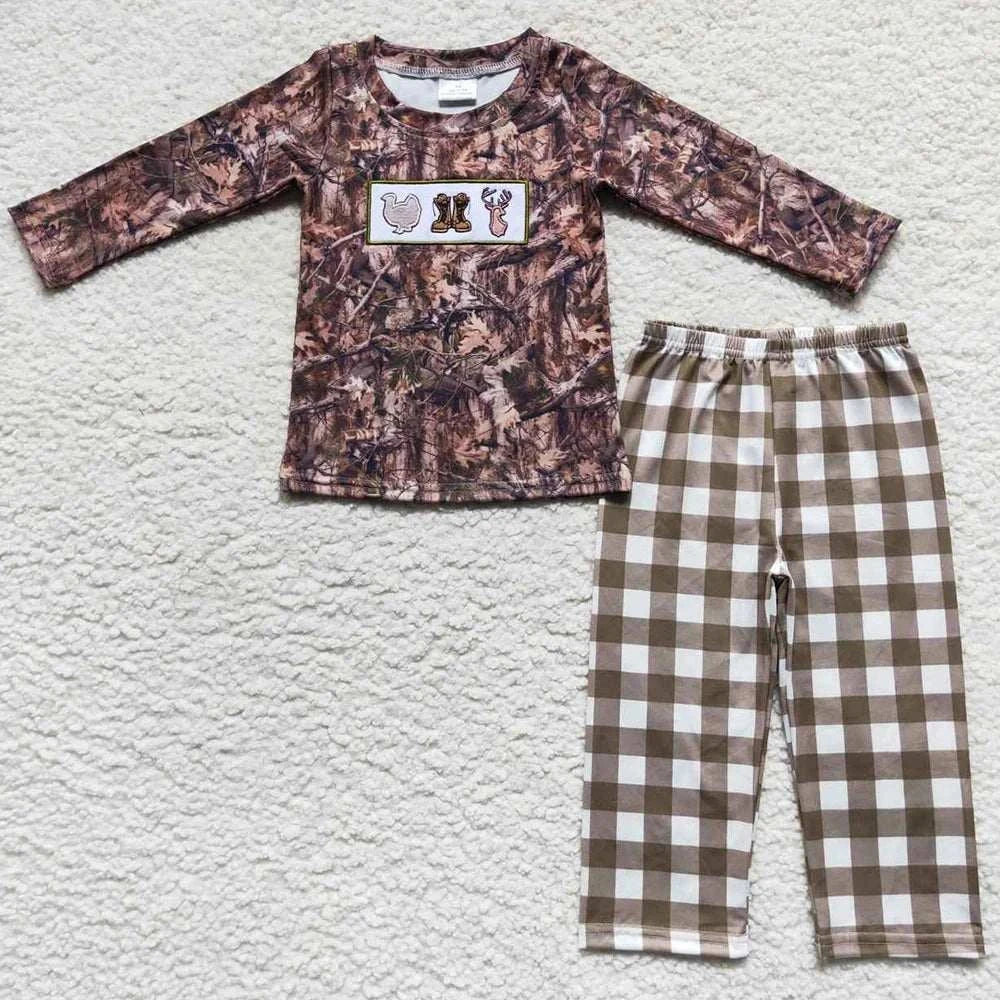 Autumn baby girls clothes set with turkey print long sleeve top and brown checkered pants