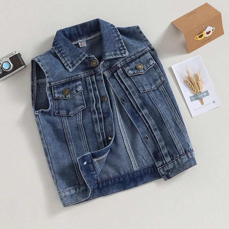 2-7years Kids Vest Jacket Turn-Down Collar Button Closure Denim Vest Casual Sleeveless Denim Waistcoats For Girls And Boys